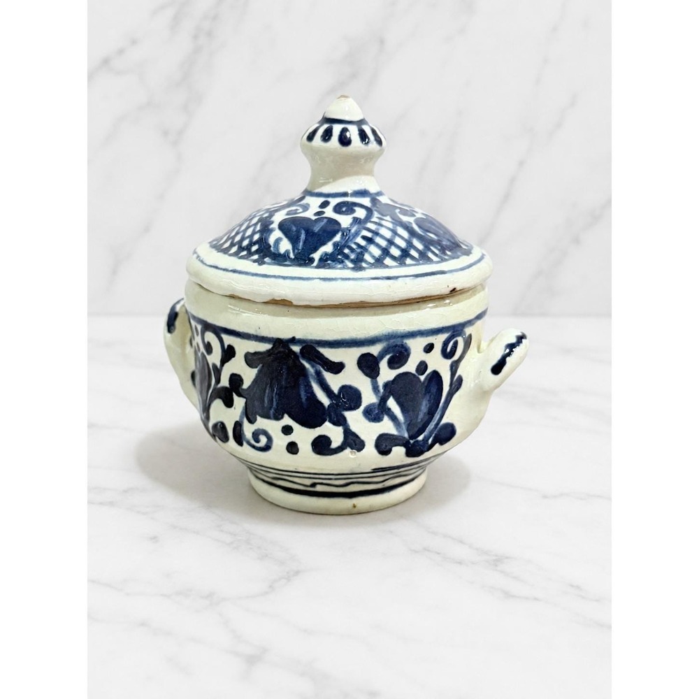 Vintage Hand Painted Blue White Ceramic Lidded Jar European Country Folk Art 4"
